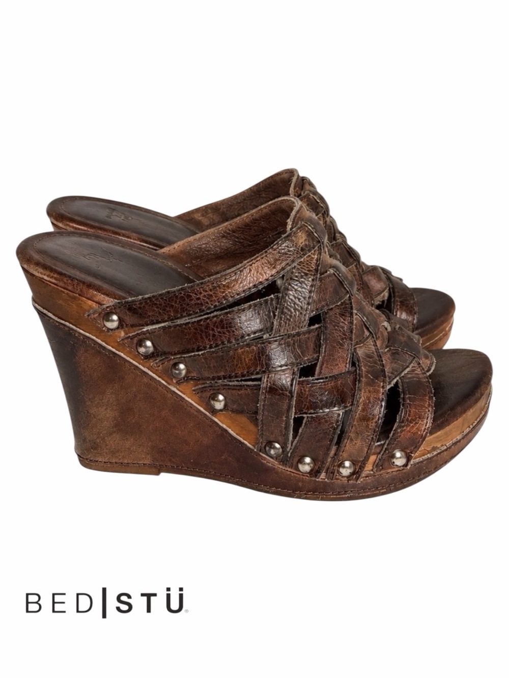 BED STU Gina Leather Platform Wedge Sandals Brown 7